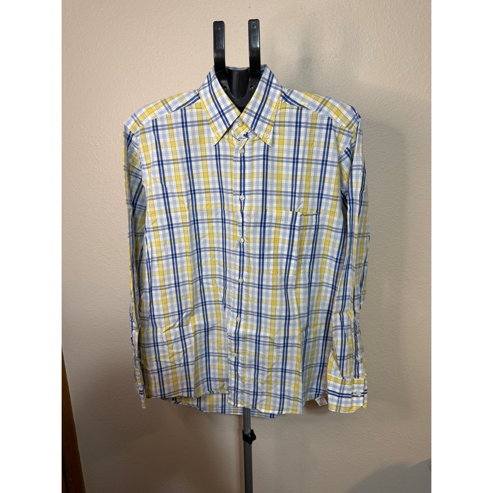 Bullock & Jones Mens Plaid Button Down Shirt M Blue Yellow Cotton Switzerland